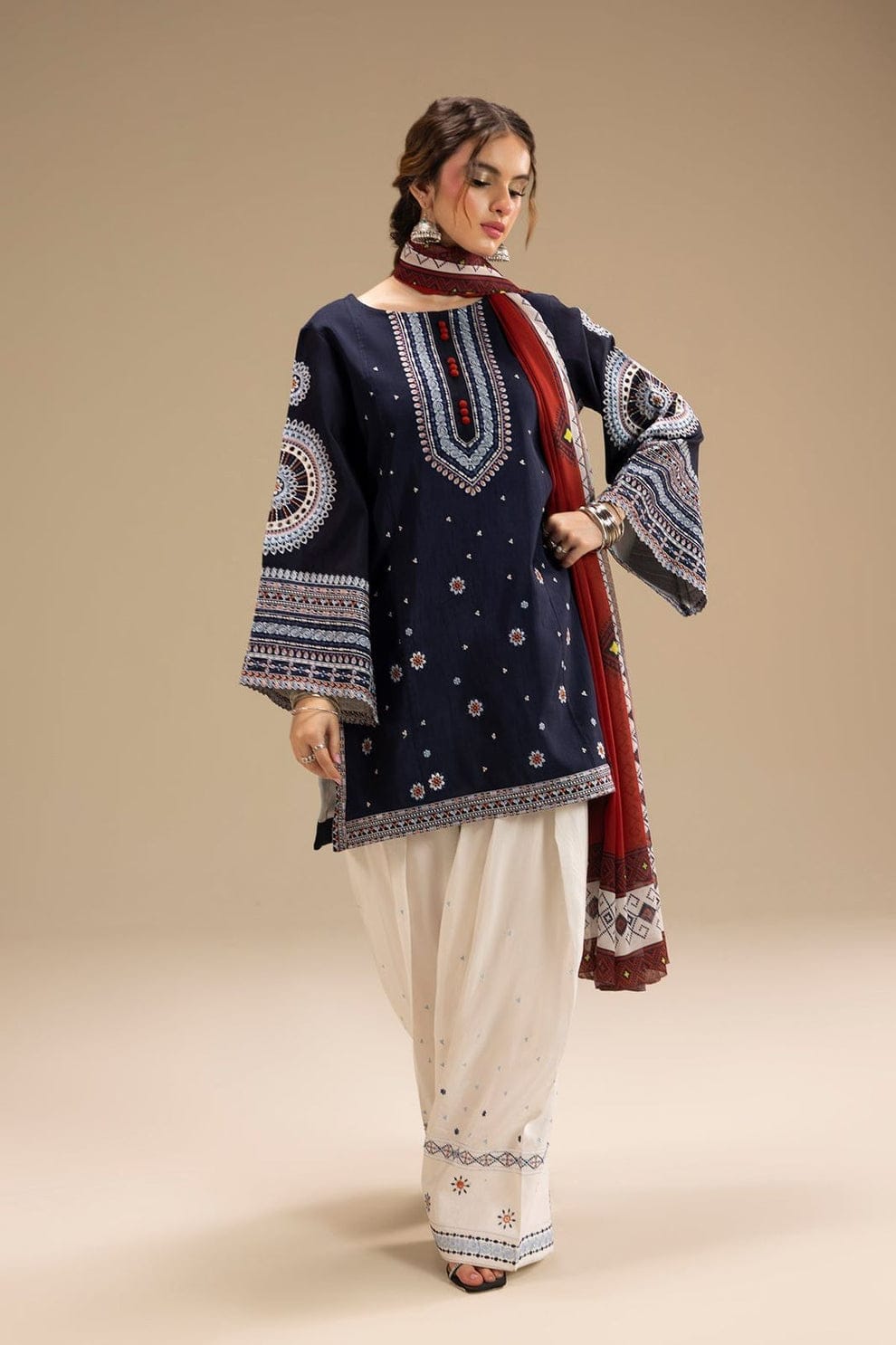 Aneelas Embroidered 3-Piece Women’s Kurta Set with Shawl