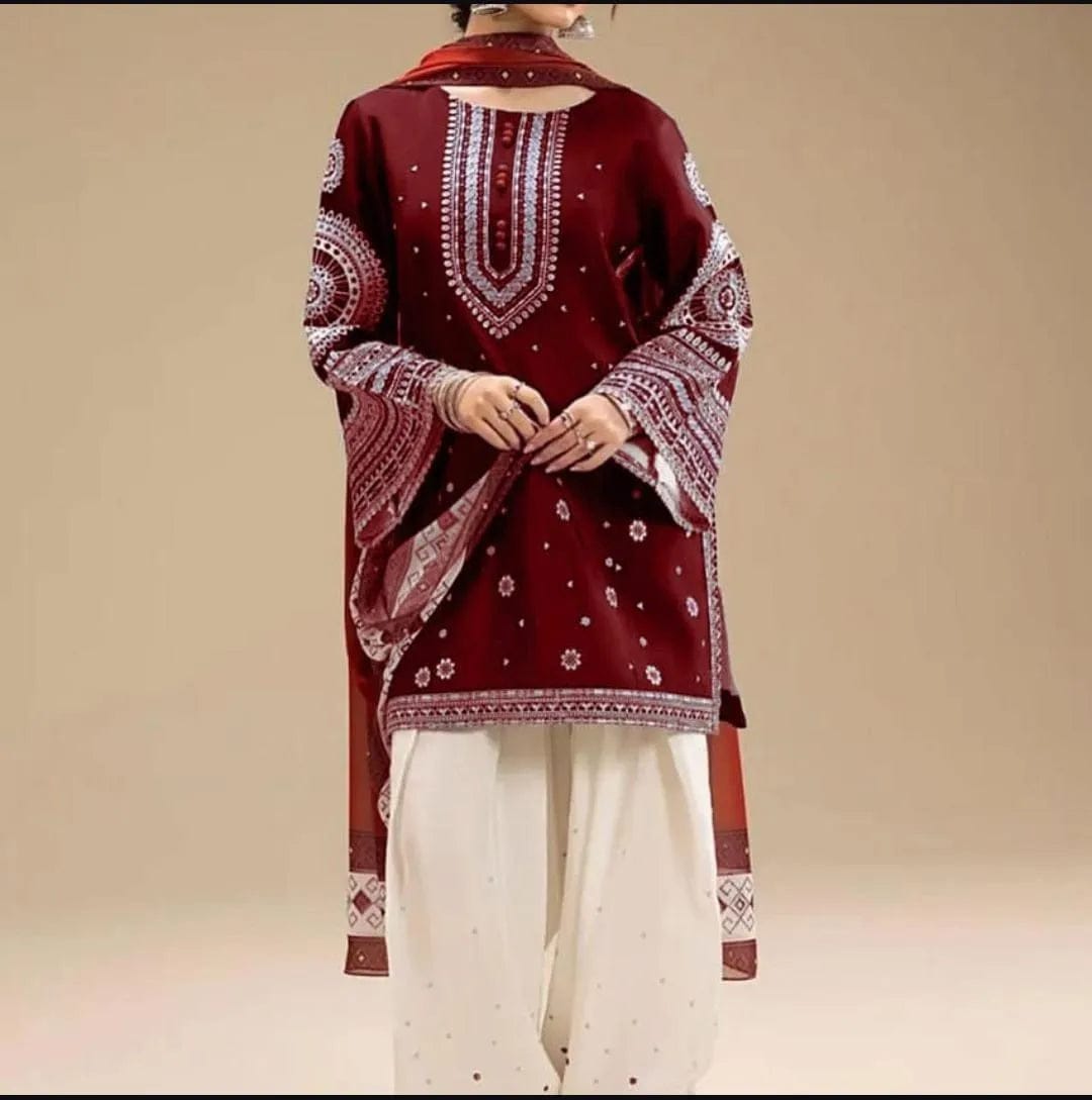 Aneelas Embroidered 3-Piece Women’s Kurta Set with Shawl