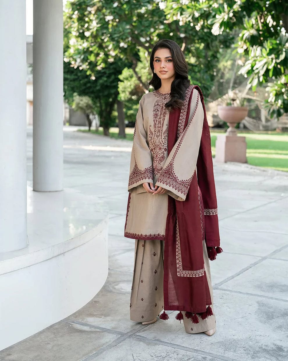 Aneelas Embroidered 3-Piece Women’s Kurta Set with Shawl