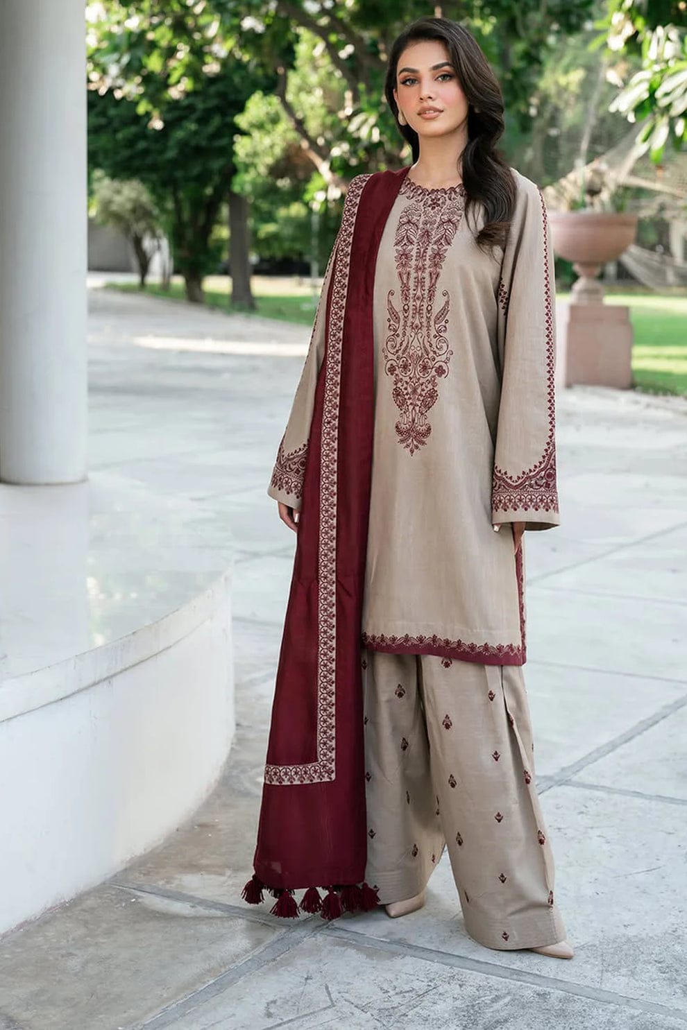Aneelas Embroidered 3-Piece Women’s Kurta Set with Shawl