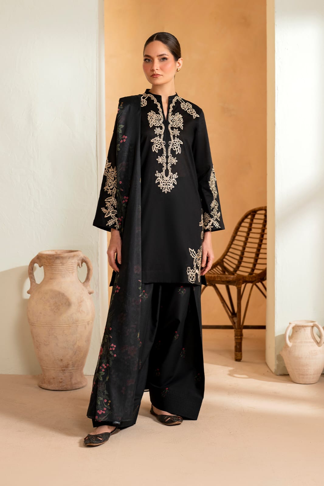 Aneelas Embroidered 3-Piece Women’s Kurta Set with Shawl