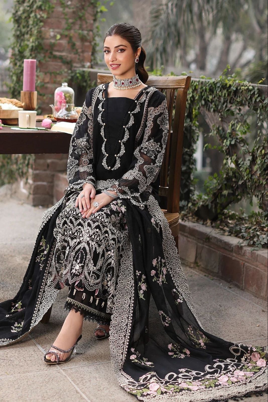 ANEELA'S KEAF BLACK EMB 3PC SUIT