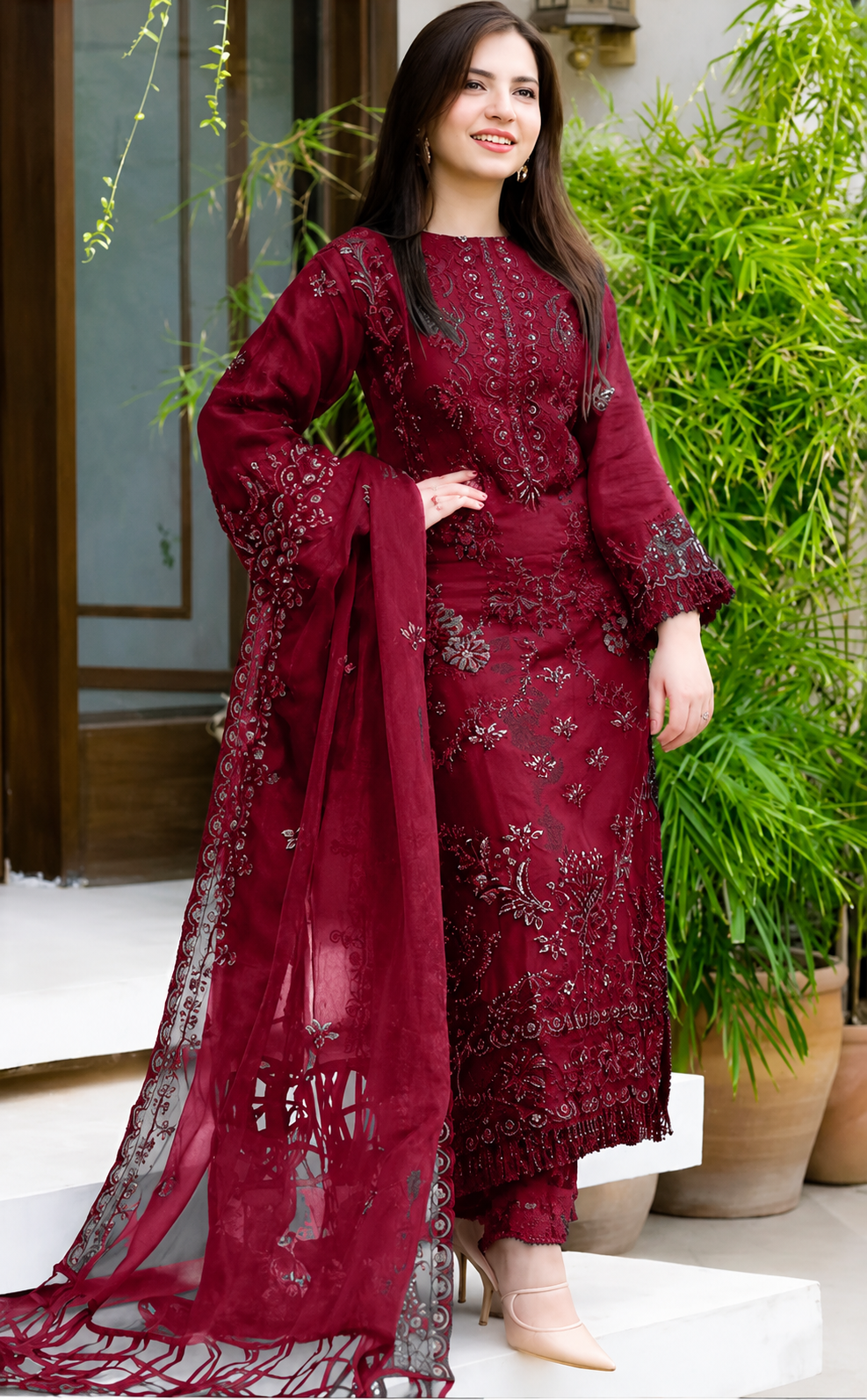 ANEELS DN-MEHROON EMB 3PC SUIT