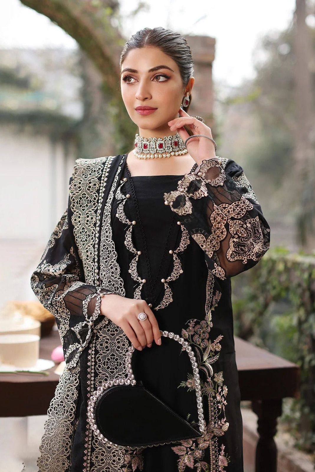 ANEELA'S KEAF BLACK EMB 3PC SUIT
